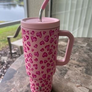 Pink Heart Pattern Insulated Travel Mug with Handle